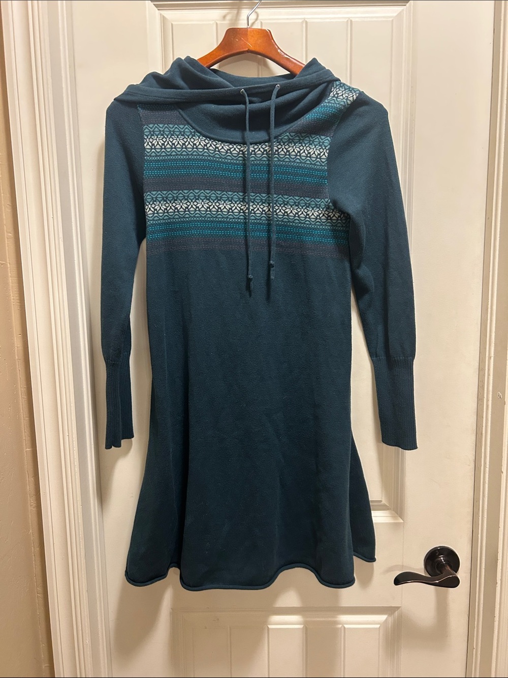 Prana Teal Cowl-Neck Sweater Dress with Patterned Yoke